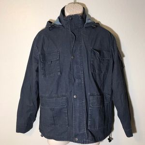A. MAN denim colored rainproof utility jacket hood